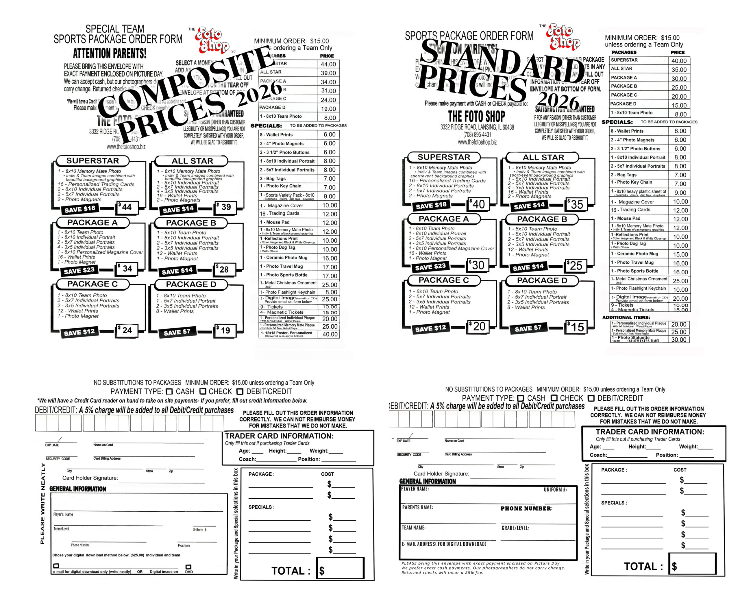 Two different pricing menus for sports team photo packages, one with composite prices and one with standard prices